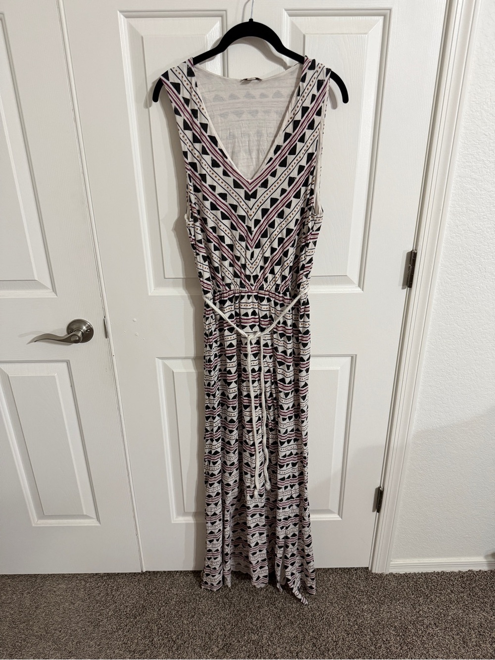 Lucky Brand M Boho Geometric Maxi Dress Belted Lined Side Slit